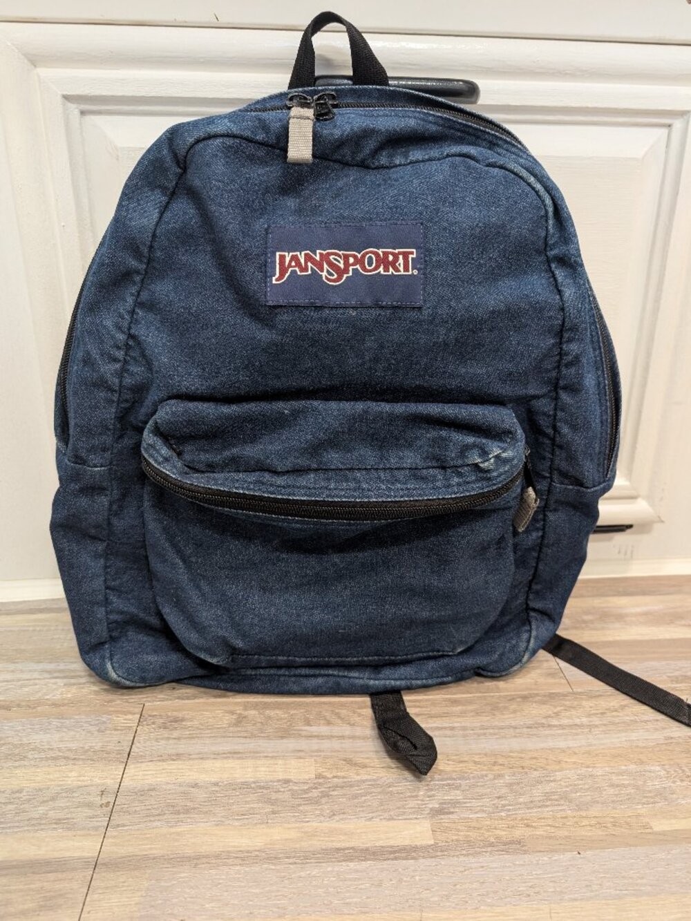 Vintage JanSport Blue Denim Backpack Classic Woven Logo Daypack